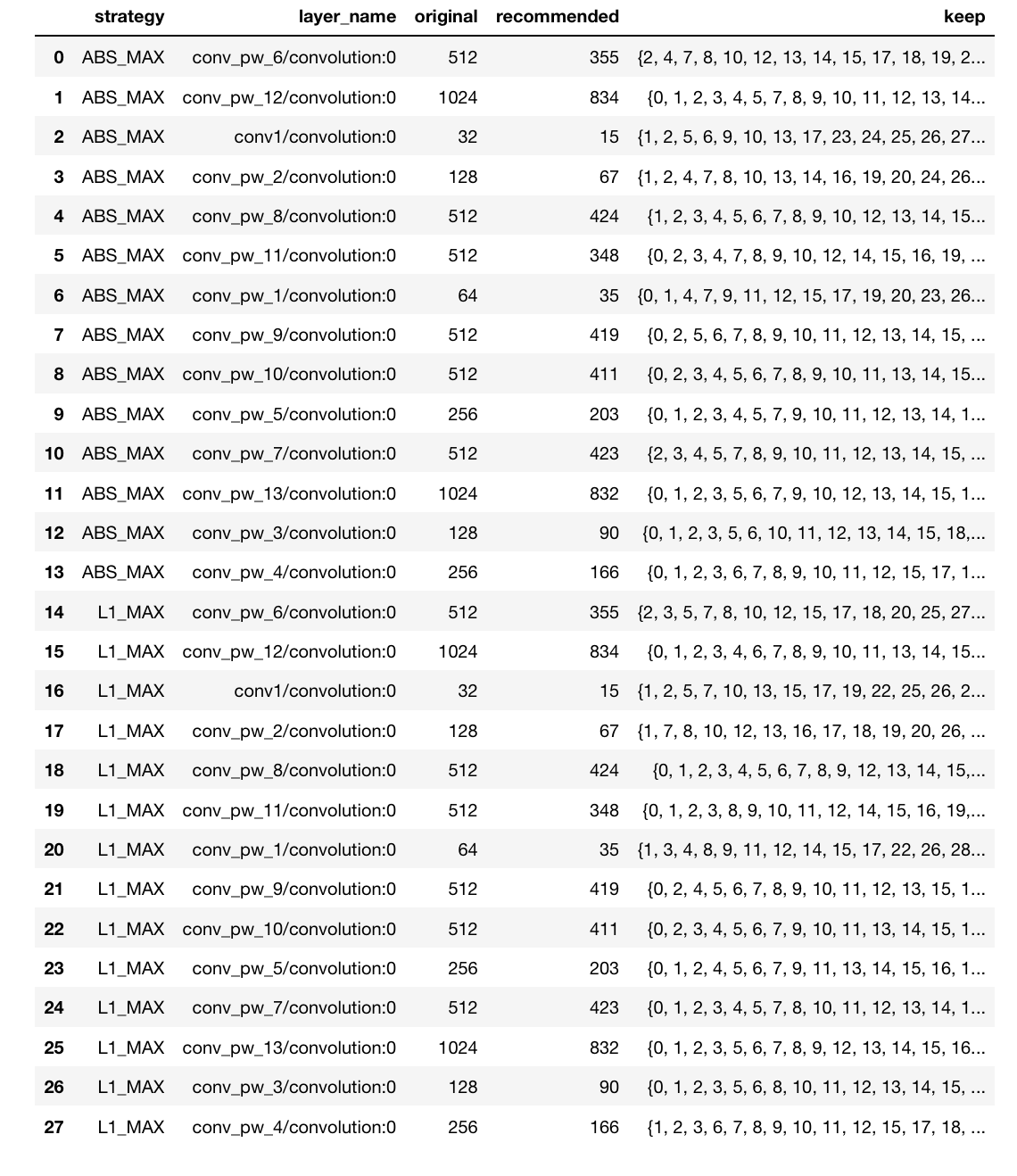 Pandas DataFrame of PFA output showing columns of strategy type, layer name, original unit count, recommended unit count, and which unit indices recommended to keep.