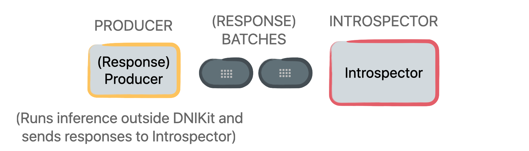 A picture of a DNIKit pipeline where the Producer does not produce data, but rather model responses. Inference is run outside of DNIKit, and then via the Producer, the model responses are consumed directly by the Introspector.