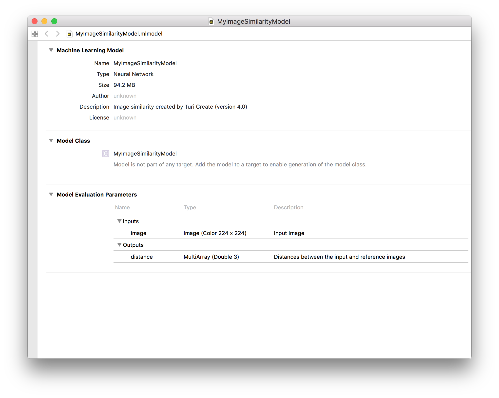 Image similarity model in Xcode